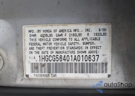 2001 Honda Accord 2.3 Lx z USA, uszkodzony, nr VIN 1HGCG56401A010637